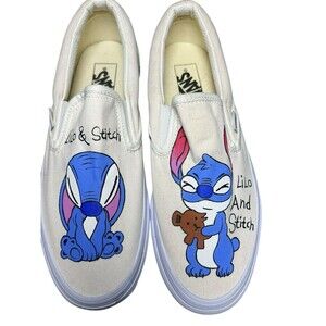 Lilo & Stitch Hand Painted Stitch Slip‎ On White Vans White Women’s 9  Slip On